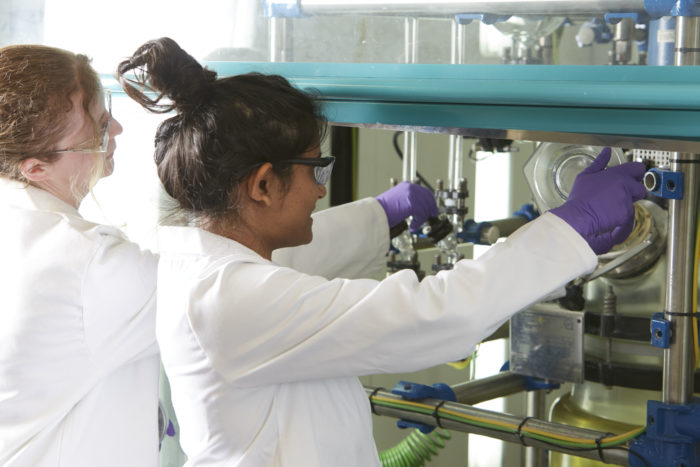 Two scientists in a lab conducting an experiment wearing purple gloves. 